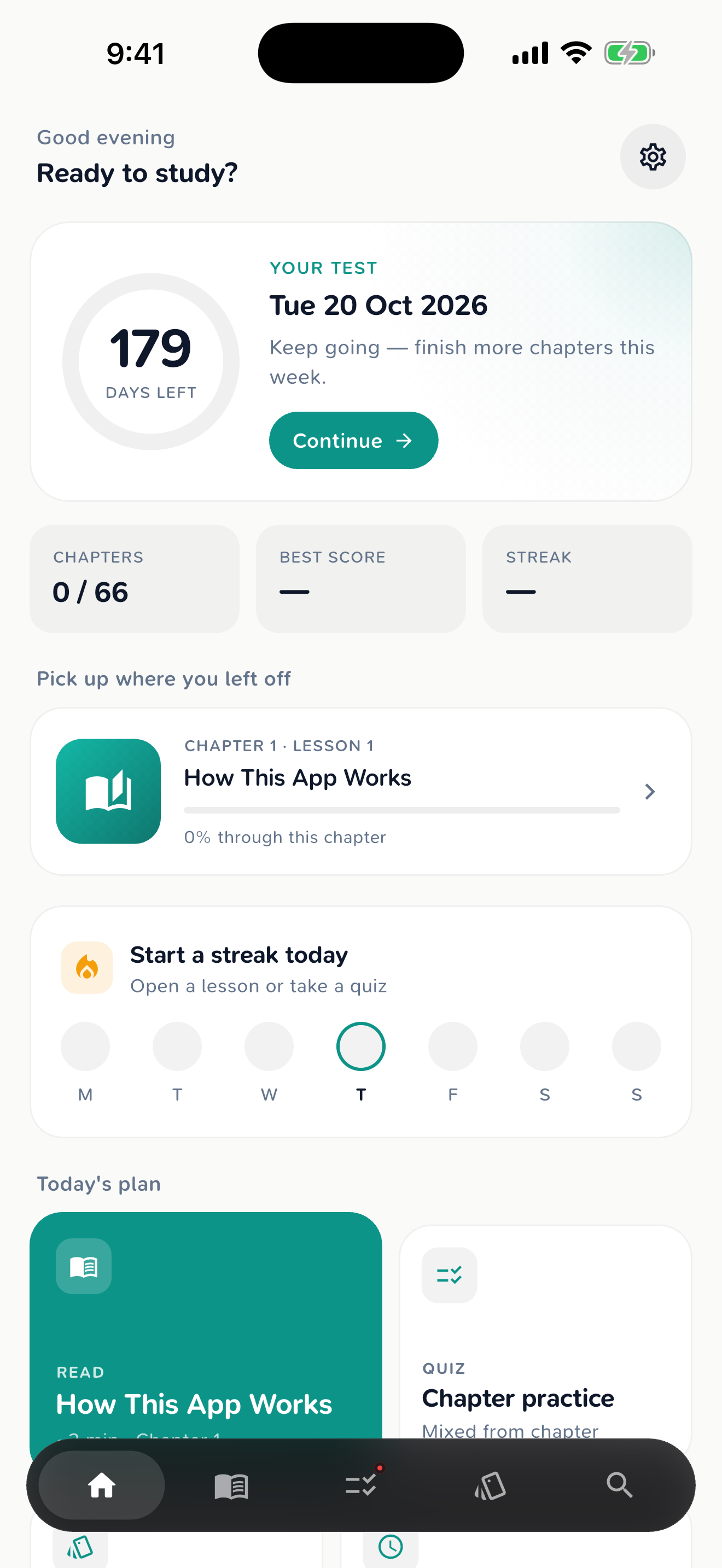 Home screen with test countdown and daily streak